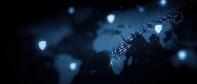digital world map with cybersecurity shield icons