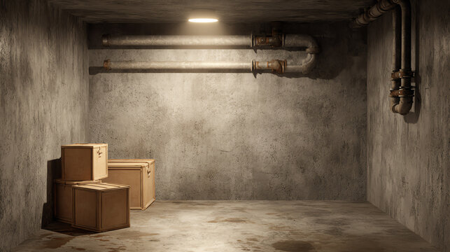 An empty storage room featuring wooden boxes, exposed pipes, and a concrete wall, illuminated by overhead lighting.