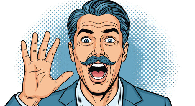 Excited man with a mustache and blue hair waving his hand and shouting in surprise against a blue pop art background.