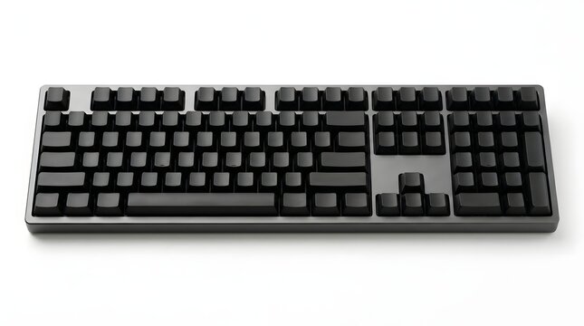 Sleek black computer keyboard, a professional input device captured with high-key lighting on a clean white background, ideal for e-commerce application.