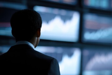 Fototapeta premium businessman watching falling stock market charts on multiple screens