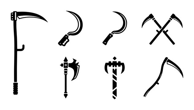 Collection of Medieval Weapon Icons, Scythes, Sickles, and Axes, Black and White Vector Graphics for Historical and Fantasy Themes