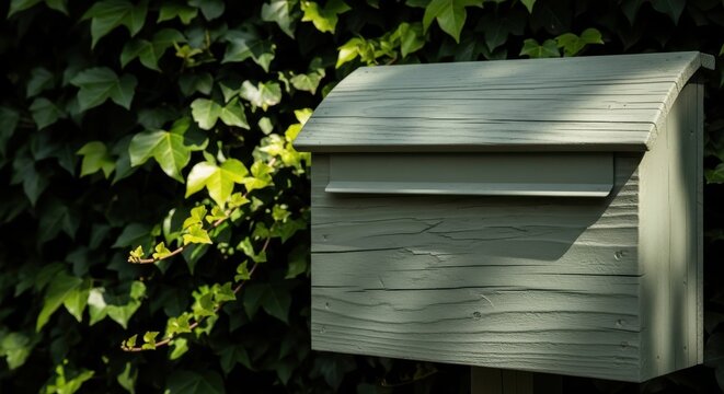 Muted Sage Green Wooden Mailbox with Weathered Texture Set Against Lush Green Foliage