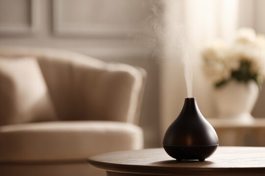 aroma oil diffuser on table in cozy living room interior