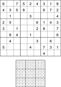 Sudoku puzzle and solution grid showing numbers in a logical sequence on a white background