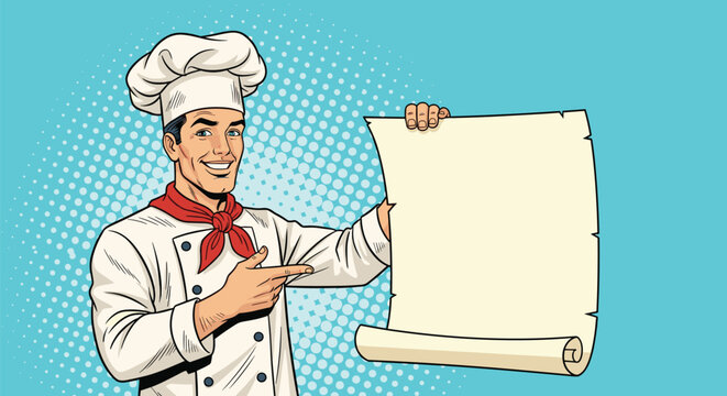 Smiling male chef in uniform and hat pointing at a large blank paper scroll for text in a retro pop art comic style illustration.