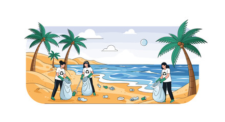 Obraz premium Group of dedicated young volunteers clean up plastic waste and trash on a tropical beach to protect the ocean environment.