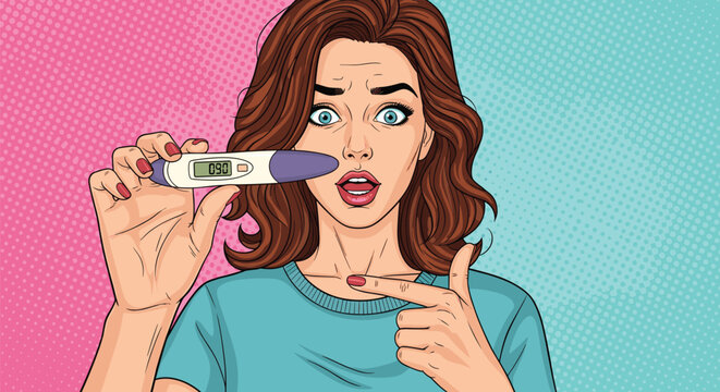 Surprised woman holding a digital pregnancy test and pointing at it with a shocked expression in a vibrant pop art style illustration.