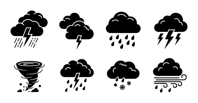 Weather Icons Set, Stormy Clouds, Lightning, Rain, Snow, Tornado, Wind, Forecasting Symbols, Meteorological Forecast Collection