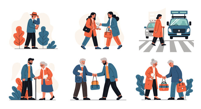 Various scenes of kind individuals helping people in need by giving directions, assisting the elderly, or crossing the street safely.