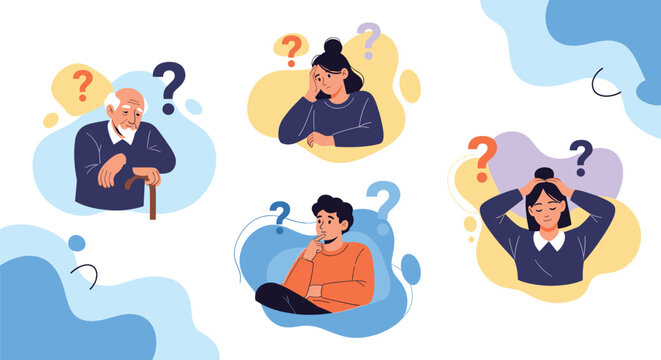 Elderly man and two younger adults show signs of confusion and memory loss represented by question marks around their heads.