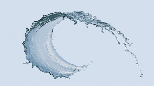 A clear splash of water in mid-air shaped like a curved wave against a light blue background.