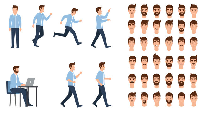 Character design sheet of a man showing various poses like running and working, along with many different facial expressions.