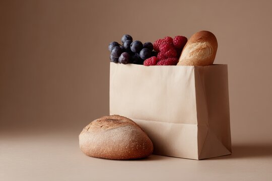 grocery paper bag with fruits vegetables and bread flat lay