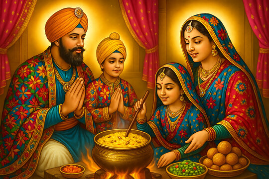 A family with children celebrating the Baisakhi harvest festival with traditional food and festive attire
