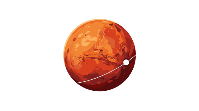 Stylized illustration of the planet mars with visible surface details and a small satellite orbiting isolated