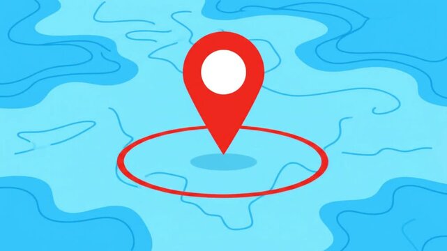 Animated Red Map Pin with Expanding Radius Circle on Blue Topographic Background