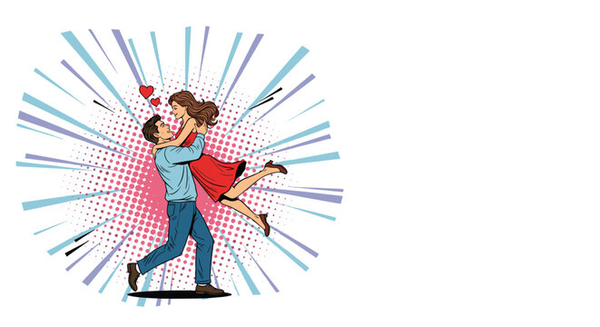 Man lifts a woman in his arms in a romantic pose surrounded by red hearts and a dynamic colorful starburst background.
