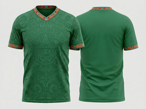 Green Soccer Jersey v-neck mockup with Aztec Sun Stone Design and Geometric Pattern Accents