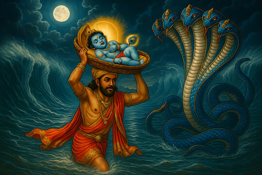 Father Vasudeva escapes with baby Krishna across the river with the divine Shesha Naga