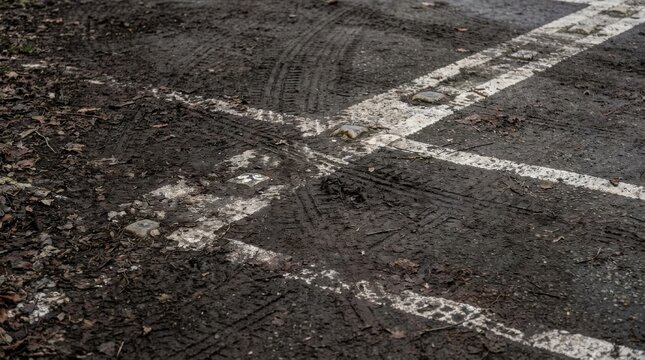 Imprinted Tire Tracks Merging With Faint White Road Markings on Muddy Ground Surface