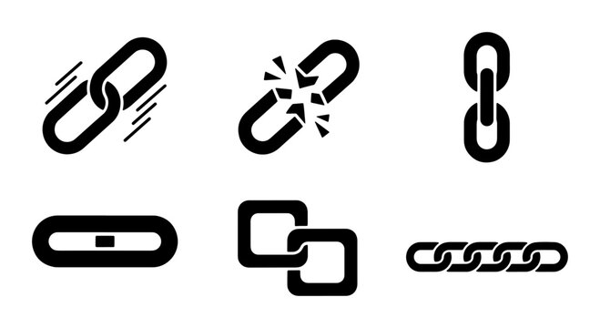 Link Icons Set: Connection, Broken Chain, Single Link, Oval Chain, Interlocking Squares, Long Chain Vector Graphics