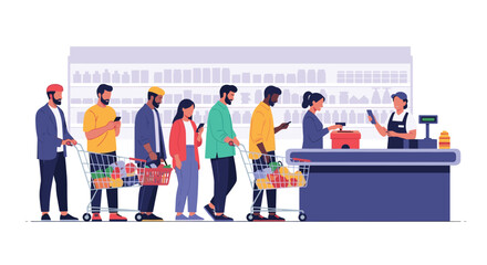Fototapeta premium People with shopping carts waiting in a long queue at a supermarket checkout counter to pay for their many groceries.