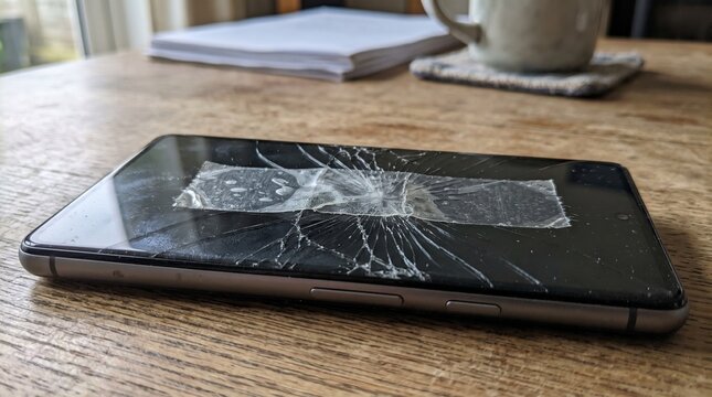 Phone with sticky tape on crack - Cracked smartphone screen with adhesive tape repair sitting on a wooden desk in soft indoor light for financial struggle or temporary tech fix concept