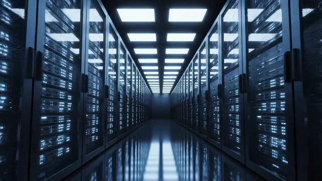 server room with rows of data racks symbolizing digital transformation and future innovation