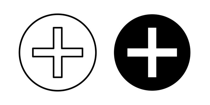 Plus icon in outline and solid style. Perfect for add, create, and action buttons in apps on white background.