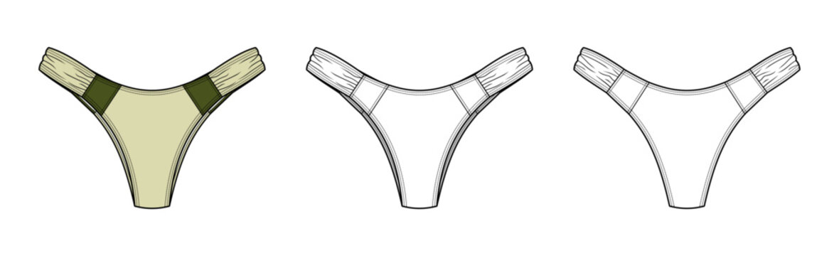 Contrast Waist Thong Bikini Bottom Technical Fashion Illustration. Women Swimwear Vector Template. Front and Back View. Color Block Waistband. High Cut Leg. Modern Beachwear. CAD Mockup Set.