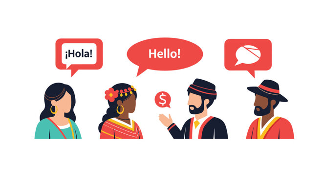 Multicultural group of people communicating and greeting each other in different languages with speech bubbles and currency.