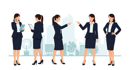 Obraz premium Professional businesswoman in a dark suit shown in various poses including talking on a phone, pointing, and holding documents.