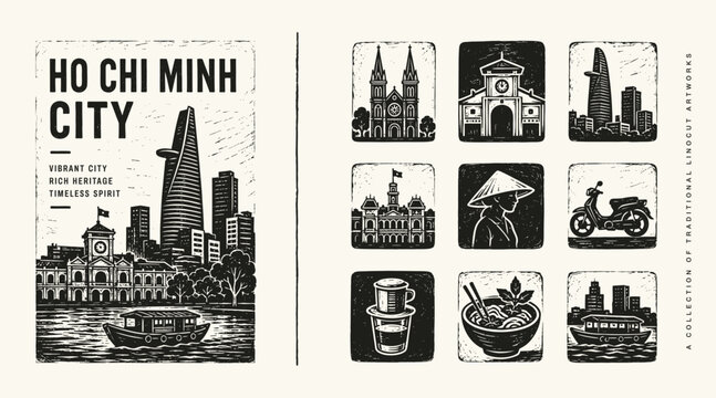 Ho Chi Minh City Vietnam Travel Linocut Illustration Set featuring Saigon Landmarks and Cultural Icons