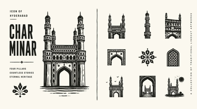 Charminar Hyderabad landmark linocut illustration set with architectural icons and traditional woodcut style