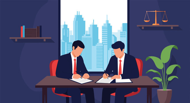 Two professional men in suits sitting at a desk and signing important documents in a modern office with a city skyline view.
