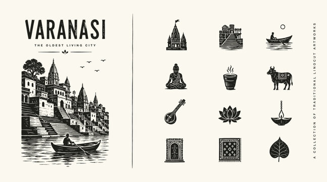Varanasi India Linocut Illustration Set with Temples Ghats and Cultural Icons