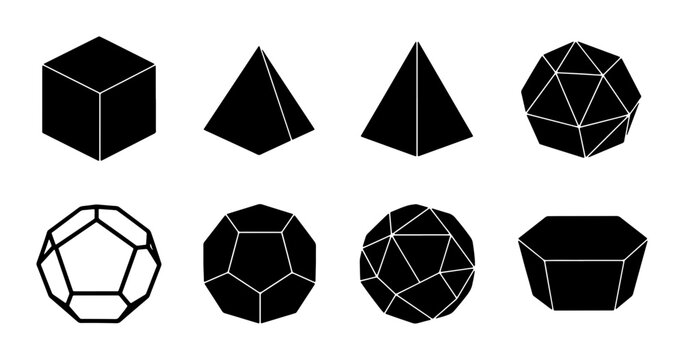 Geometric Shapes Collection, Platonic Solids Set, 3D Forms Vector Icons, Abstract Objects, Mathematical Concepts, Black and White Design Elements