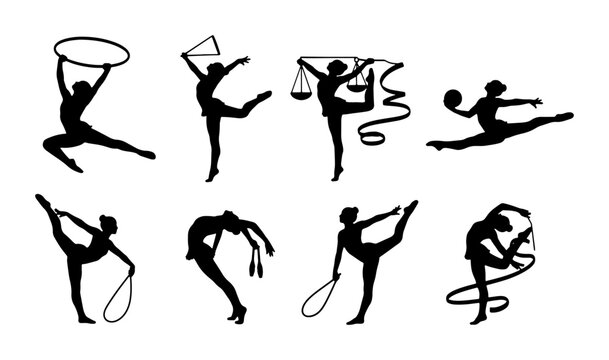 Rhythmic Gymnastics Silhouettes: Dynamic Poses with Hoop, Ball, Rope, and Ribbon, Vector Art Collection for Sports and Fitness Graphics