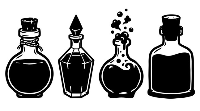 Four different glass potion bottles with stoppers and liquid