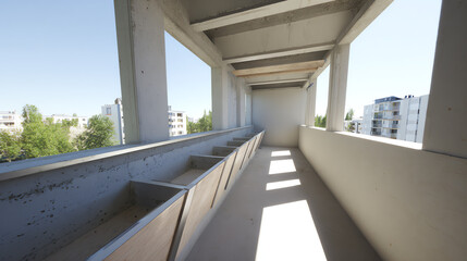 Fototapeta premium A spacious unfinished interior corridor showcasing modern design elements and natural light pouring through large windows.