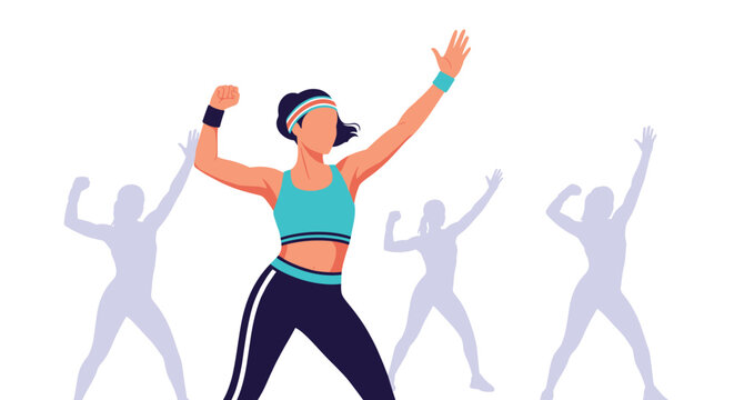Energetic woman practicing aerobics or dance fitness movements with translucent silhouettes of herself repeating the pose in the background.