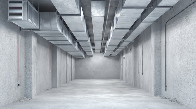 A spacious, empty industrial basement showcasing exposed ductwork and concrete walls, perfect for modern design inspiration.