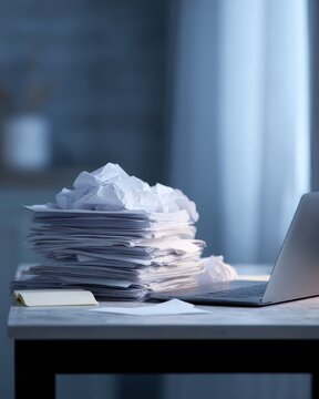 messy office desk with laptop notes stress work overload concept