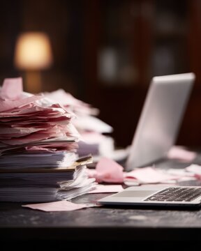 messy office desk with laptop notes stress work overload concept