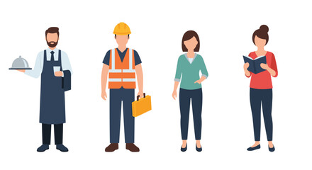 Obraz premium Diverse set of professional characters including a waiter, construction worker, office employee, and a student or teacher reading a book.