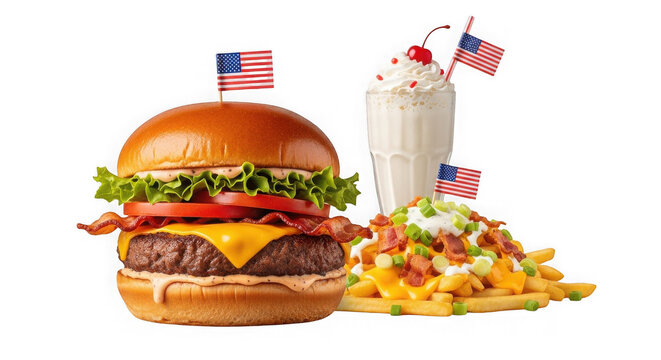 American style burger loaded fries and milkshake with flags on transparent background