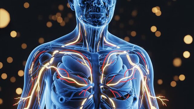 Human body with visible circulatory system for creative digital media and visual arts