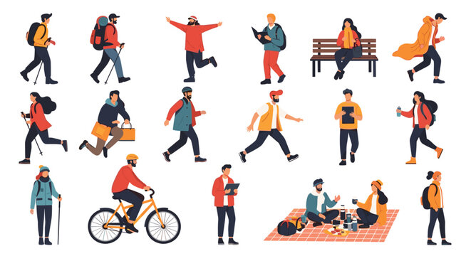 Set of diverse characters engaging in different outdoor activities such as hiking, biking, and picnicking in nature.