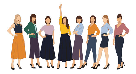 Obraz premium Diverse group of women standing together showcasing various stylish professional and casual fashion styles and poses.
